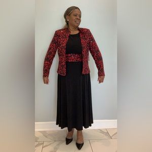 Maxi formal red and black dress with silver sequins by Jessica Howard.